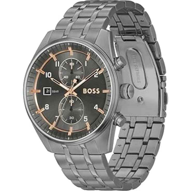 BOSS Chronograph Quarz Uhr für Herren Kollektion SKYTRAVELLER mit Edelstahlarmband - Grau, 316L-Edelstahl-Mesh-Armband, wasserdicht bis 5 bar – Bild 2
