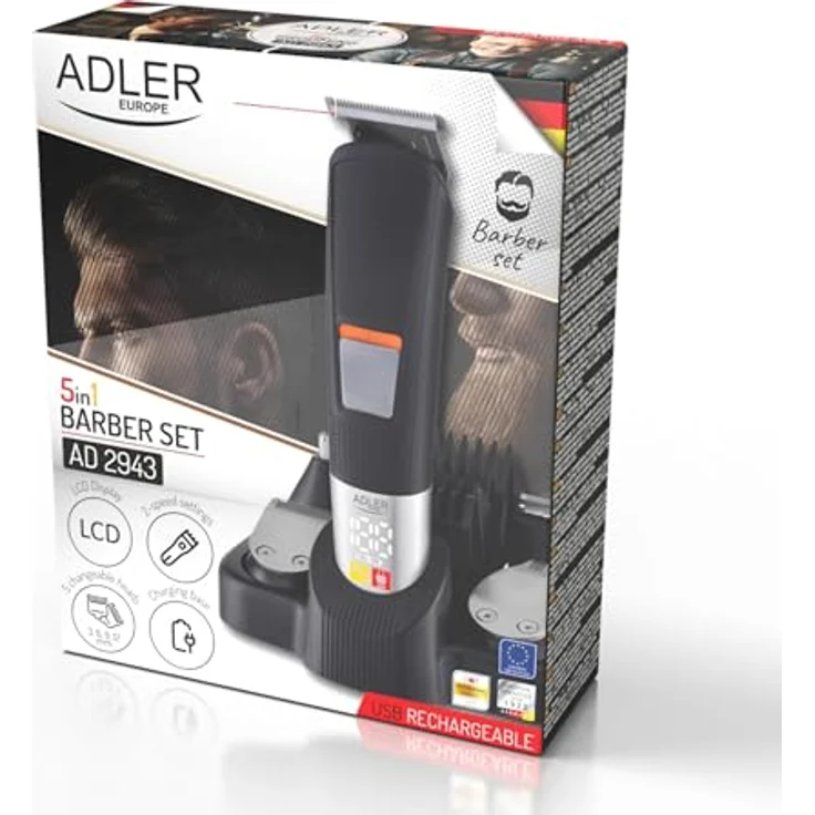Adler AD 2943 5-in-1 Pflegeset mit Ladestation, Rasierer, Trimmer, LED Anzeige, schwarz – Bild 9
