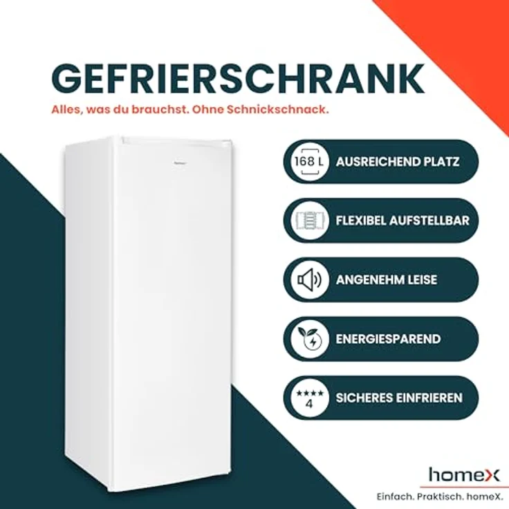 homeX FS1681E-W, Gefrierschrank mit 168L Nutzinhalt, 4-Sterne Gefrierleistung, freistehend, leise, weiß – Bild 2