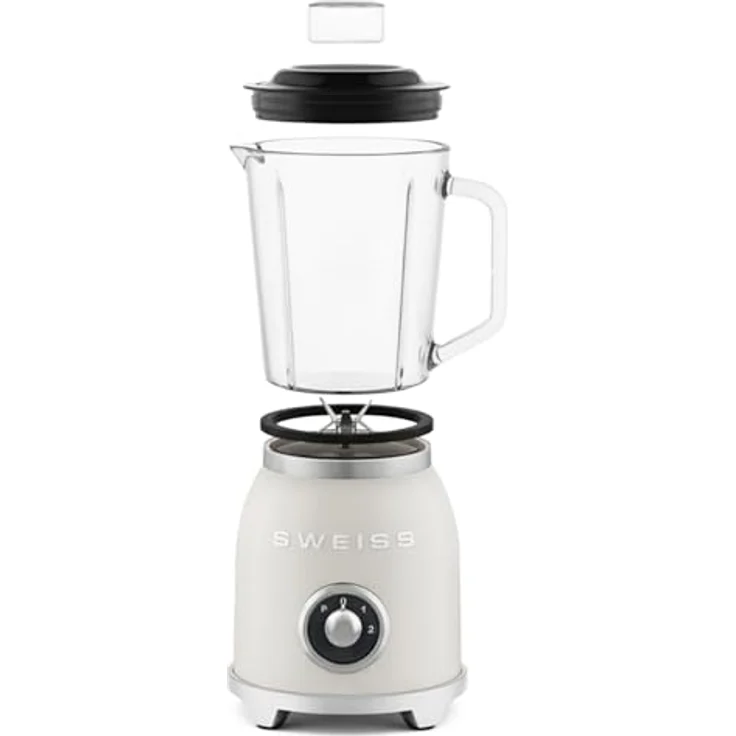SWEISS Blender Smoothie Vintage MXV8, 1000 W, 2 Geschwindigkeiten, Pulsfunktion, 6 Edelstahlklingen, 1,5-L-Glasbehälter, rutschfeste Füße, Sicherheitsverschluss, Beige – Bild 5