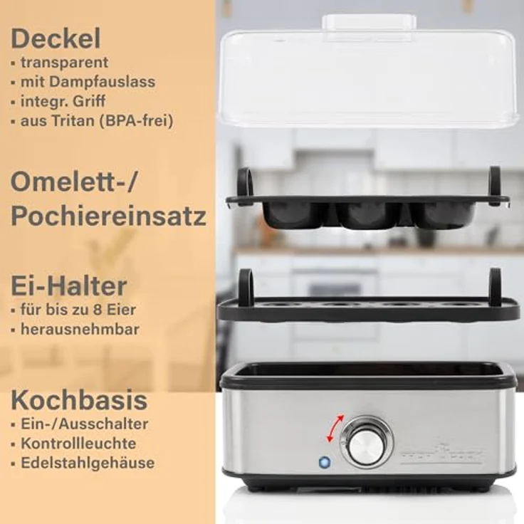 ProfiCook® Eierkocher für bis zu 8 Eier | Egg Cooker mit Omelett-/Pochier-Funktion | Egg Boiler mit Ei-Halter & Messbecher mit Ei-Picker | Eierkocher 8 Eier mit Kontrollleuchte & Summer | PC-EK 1275 – Bild 4