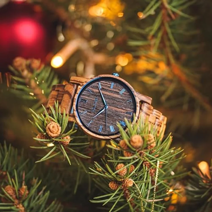 Holzkern Quarzuhr Herbstmorgen, Unisex Armbanduhr aus Zebrano/Wenge mit japanischem Quarzwerk und blauem Zifferblatt – Bild 5