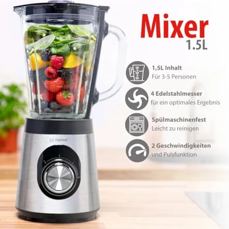 alpina Mixer 1,5L, Smoothie Maker 500W mit Glasbehälter, 2 Geschwindigkeiten, Pulsfunktion, rutschfeste Füße, schwarz-silber – Bild 3