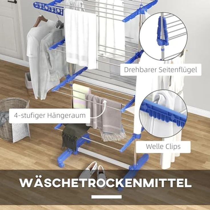 HOMCOM WГ¤schestГ¤nder TurmwГ¤schetrockner mit Klappbarem FlГјgel, 6 Kunststoff-UniversalrГ¤der, Blau – Bild 5