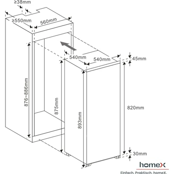 homeX CB1291E, Einbaukühlschrank ohne Gefrierfach für 88 cm Nische, 129 Liter, LED-Beleuchtung, 37 dB, Schlepptürtechnik – Bild 3