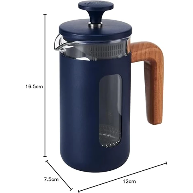 La Cafetière Pisa, French Press Kaffeebereiter aus hitzebeständigem Borosilikatglas und Edelstahl, 3 Tassen/350 ml, Marineblau mit ergonomischem Griff – Bild 2