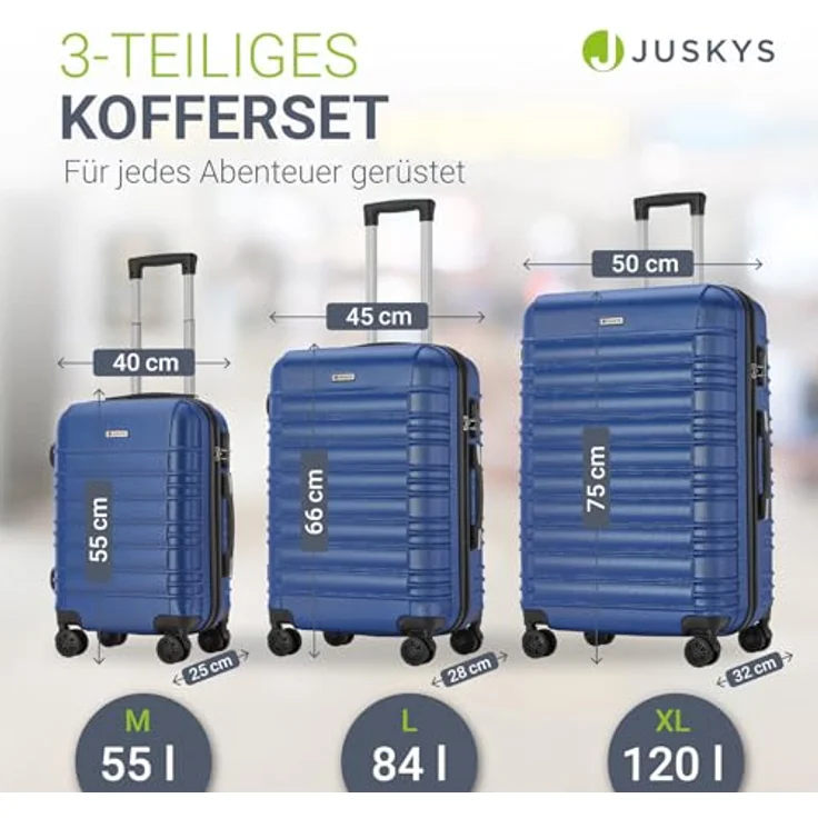 Juskys Hartschale Kofferset 3-teilig, großer Reisekoffer mit Zahlenschloss, geräuscharmen 360° Rollen, Teleskopgriff, leicht, blau – Bild 4