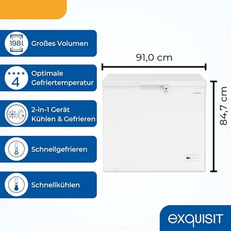 Exquisit Gefriertruhe GT201-HE-040E, 2-in-1 Kühlfunktion, 198 Liter, weiß, Türschloss, 4-Sterne-Gefrieren, Schnellgefrieren, 2 Rollen – Bild 3
