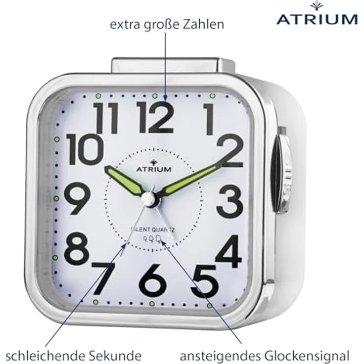 Atrium A530-0 Seniorenwecker, Analog Quarz mit lautlosem Betrieb, großen Zahlen und extra lautem Glockensignal, weiß – Bild 4