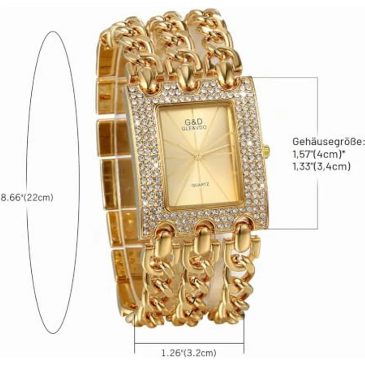 JewelryWe Damen Uhr Elegant Analog Quarz Armbanduhr mit Strass, rechteckig, dreifach Panzerkette Armband, Gold – Bild 5