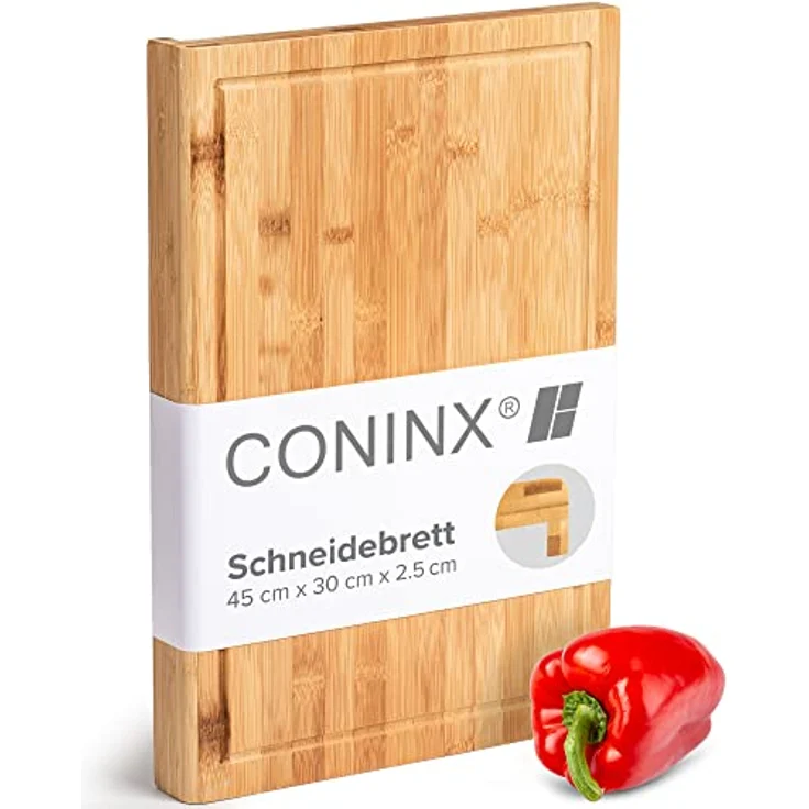 Coninx Schneidebrett Holz groß mit Saftrille - Antibakterielles Moso Bambus Holzbrett zum Schneiden von Gemüse, Obst, Käse, Fleisch & mehr - Robustes Holz Küchenbrett - Servierbrett – Bild 1