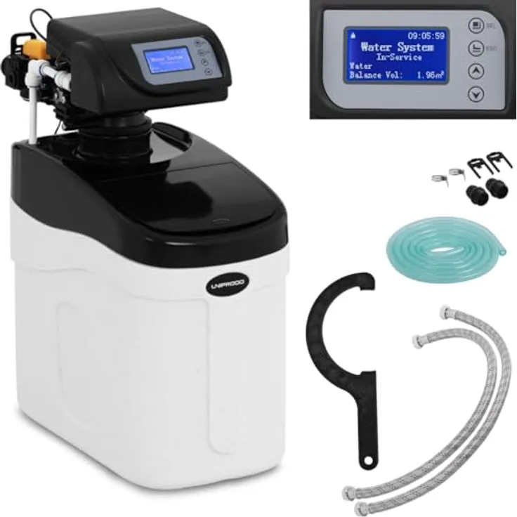 Uniprodo UNI_WATERSOFTENER_500, Wartungsfreie Entkalkungsanlage für 1-4 Personen, 5 L Harz, 1,7-3,1 m³/h Durchfluss