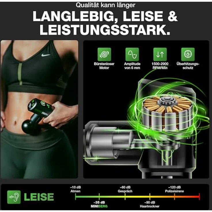 Donnerberg Massagepistole Miniberg MG-111, 6mm Amplitude, 7 Jahre Garantie, 2600-mAh Samsung Akku, 6 Silikonaufsätze, leise und kompakt, TÜV SÜD geprüft – Bild 4