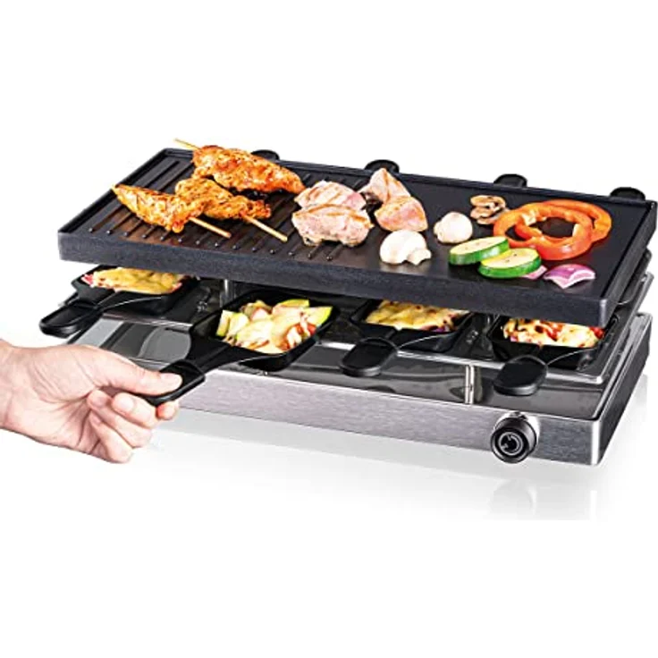 Cloer 6458 Raclettegrill mit Aluminium-Druckguss Platte, 1200 W, 8 antihaftbeschichtete Raclettepfännchen, Kunststoffspachtel, unbeheizter Parkplatz, Aluminium – Bild 5