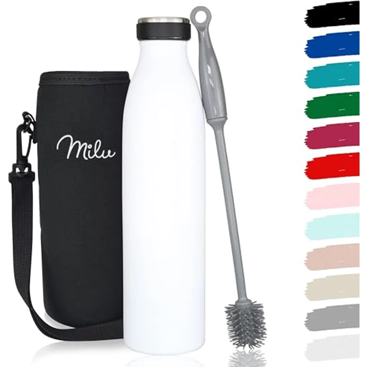 Milu Edelstahl Trinkflasche 500ml – Isolierte Wasserflasche, doppelwandig, auslaufsicher, kohlensäuregeeignet, inkl. Reinigungsbürste (Weiß) – Bild 1
