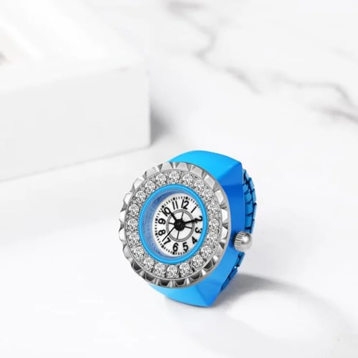 JewelryWe Ringuhr Fingeruhr Damen, Elastisch, Elegant mit Glitzer Strass, Rund Analog Quarz, Blau Legierung, Wasserdicht bis 10m – Bild 2