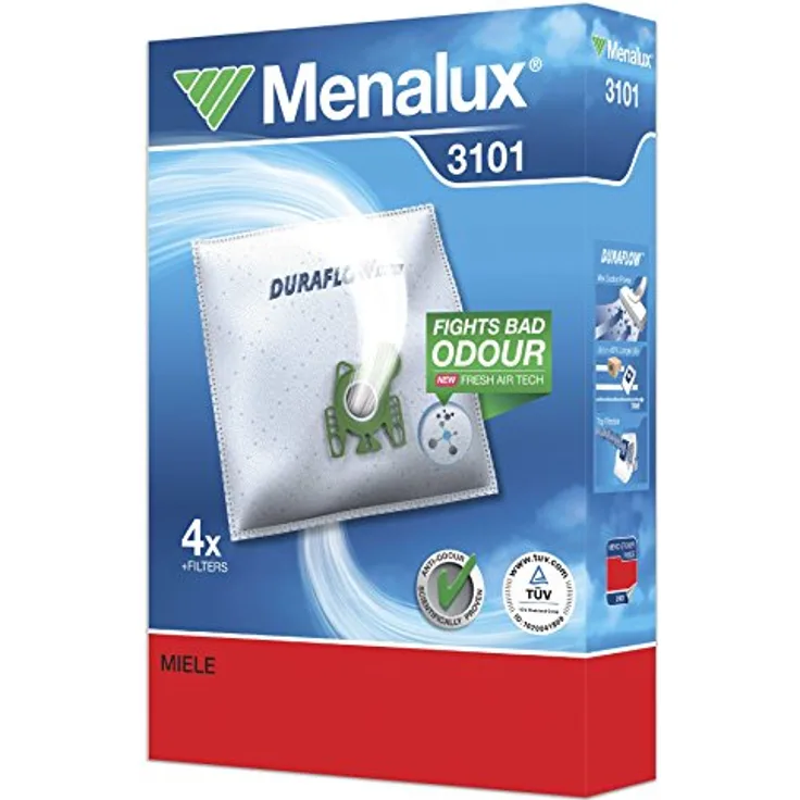 Menalux 3101, 4 Staubsaugerbeutel Synthetik Duraflow für Miele und Hoover, hohe Qualität und maximale Leistung