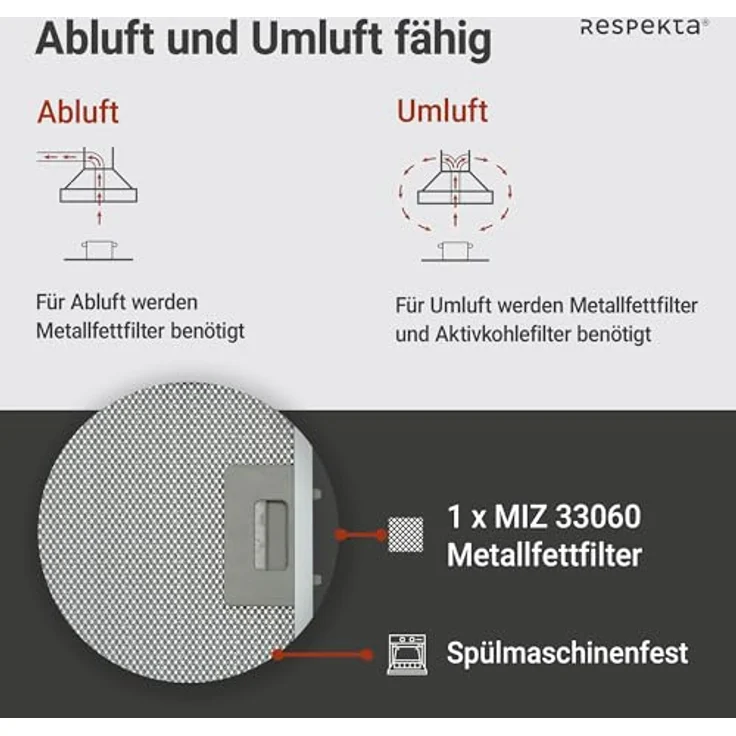 respekta CH 33060 WB, Motorhaube, Esse, Breite: 59.5 cm, Tiefe: 29 cm, Absaugung und Rückführung (mit zusätzlichem Rückführungsset), Weiß – Bild 5