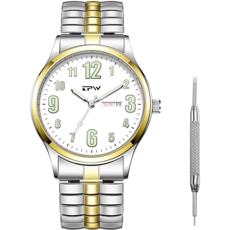 JewelryWe Herrenuhr Bicolor Edelstahl, Leuchtende Elastische Armbanduhr mit Datum- & Wochentagsanzeige, Große Zahlen & Leuchtzeiger