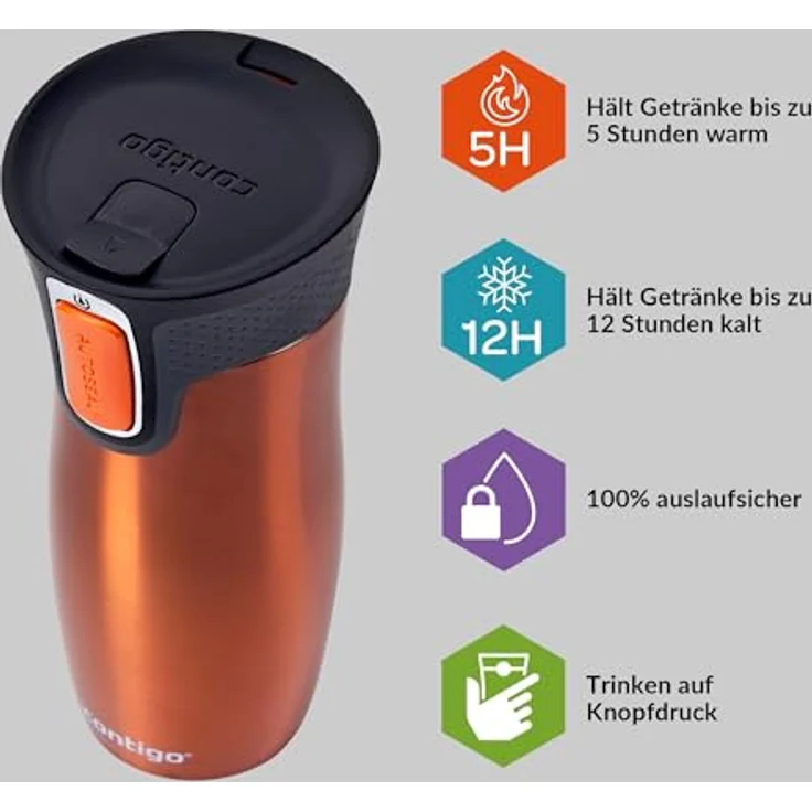 Contigo Thermobecher West Loop Autoseal, Edelstahl Isolierbecher, Kaffebecher to go, auslaufsicher, spülmaschinenfester Deckel BPA-frei, 470 ml , Tangerine , 470 ml – Bild 2