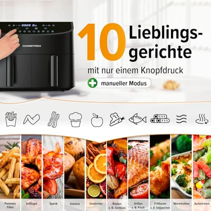 GOURMETmaxx Heißluftfritteuse Doppelkammer, 2400 W, 9 Funktionen, bis 230°C, fettarm (Silber) – Bild 3