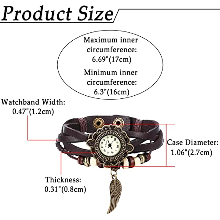 JewelryWe Retro Analog Quarz Armbanduhr für Damen, Braun mit geflochtenem Lederarmband und Engel Flügel Anhänger – Bild 5
