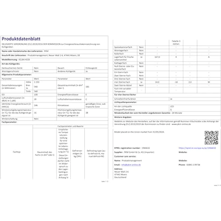 PKM KS184.4EEB Einbaukühlschrank mit Gefrierfach, 181 l Kühlteil, 14 l Gefrierteil, BxHxT 54 x 123 x 54 cm, LED-Beleuchtung, wechselbare Türanschläge – Bild 6