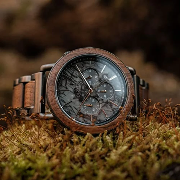 Holzkern Quarzuhr Chronograph Askja, Walnuss/Marmor, Edelstahl, 45 mm, Datumsanzeige, Stoppuhr bis 60 Minuten, spritzwassergeschützt – Bild 2