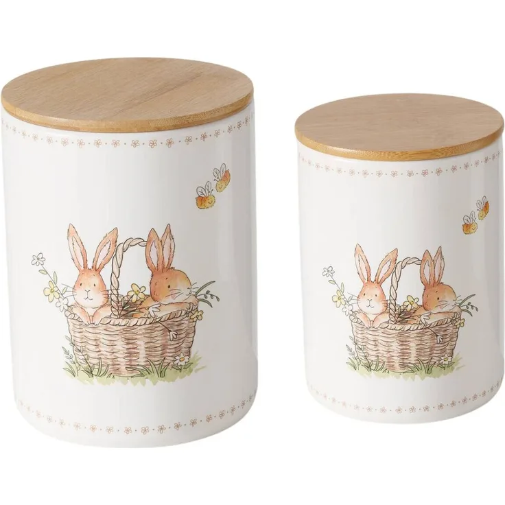 Boltze Küchenbehälter aus Keramik CHARMY, Hasenmuster, 2er-Set, beige/natur/weiß, mit Bambus veredelt und glänzender Optik