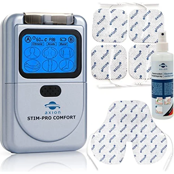 axion TENS-Gerät STIM-Pro Comfort | Angebot mit Kontaktspray & Spezial Nacken Elektrode | 4X Elektroden-Pads 5x5 cm | Schmerztherapie an Nacken, Rücken, Gelenken | Zertifiziertes Medizinprodukt – Bild 1