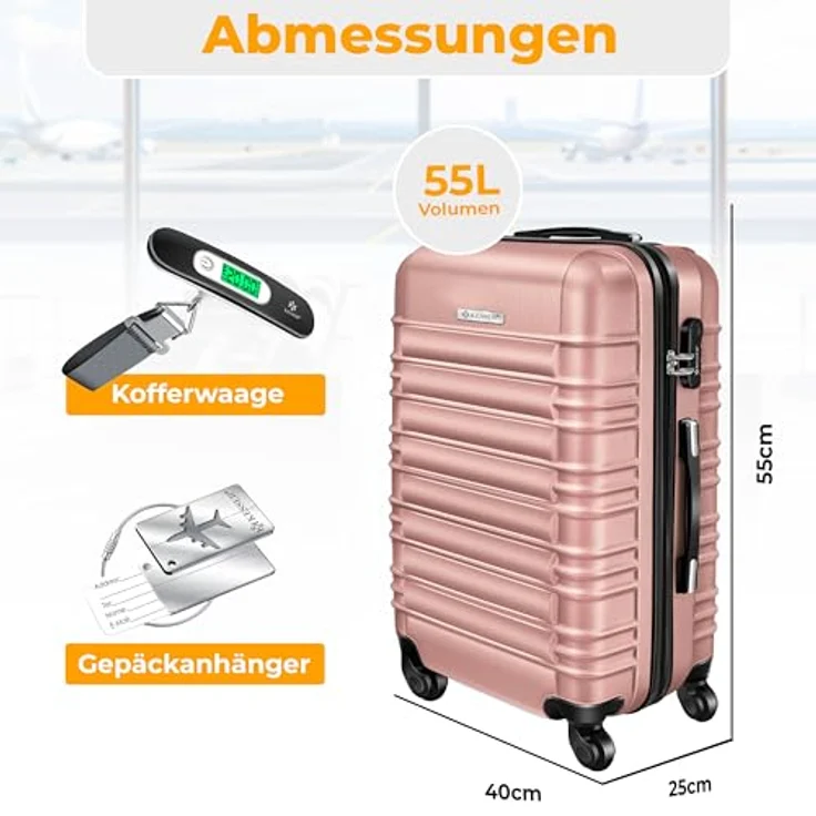 KESSER® Handgepäck Reisekoffer 55L Hartschalen-Koffer mit Kofferwaage, Gepäckanhänger und Zahlenschloss, 4 Rollen, ABS-Hartschale, Teleskopgriff, 55x40x25cm, Himbeerrosa – Bild 2