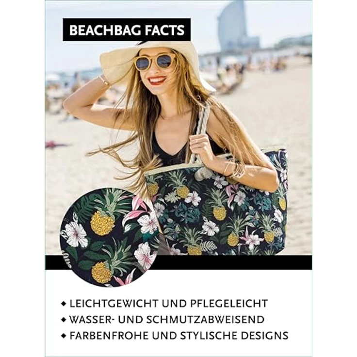 DonDon XXL Strandtasche mit Reißverschluss, Große Shopper Tasche für Damen - Praktische Umhängetasche für Strand und Meer, Blumen und Ananas – Bild 5