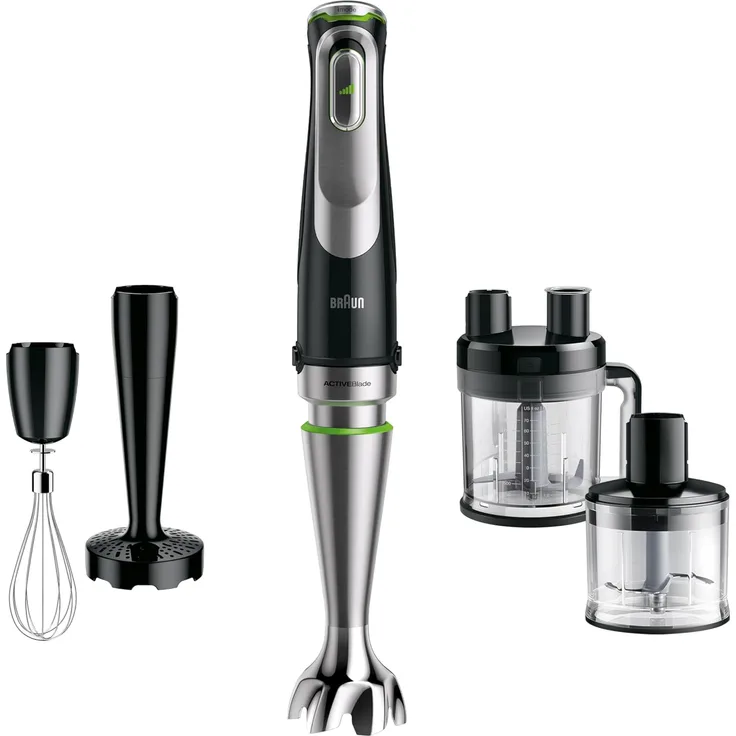 Braun MQ 9187XLI Stabmixer, 1200W, mit Active PowerDrive, inkl. Pürierstab, XL Foodprozessor Gemüsestampfer, Zerkleinerer & Schneebesen, schwarz, edelstahl