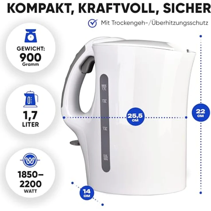 Bomann weiß WK 5011 CB Wasserkocher, 1,7 L, 2 außenliegende Wasserstandsanzeigen, Edelstahlheizelement, Kunststoff, 1.7 liters – Bild 6