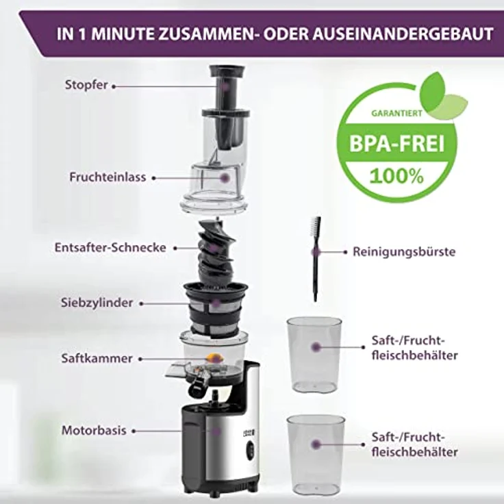 LEBENLANG Slow Juicer Edelstahl, BPA-freier Entsafter für Obst und Gemüse mit hoher Saftausbeute, inklusive Rezeptbuch – Bild 5
