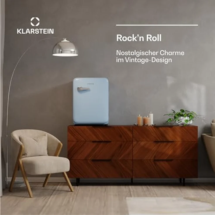 Klarstein Audrey Evo 68L Retro Mini Kühlschrank, 40 dB leise, kompakt mit verstellbaren Füßen und Wendetür, blau, ideal für Schlafzimmer und Büros – Bild 3