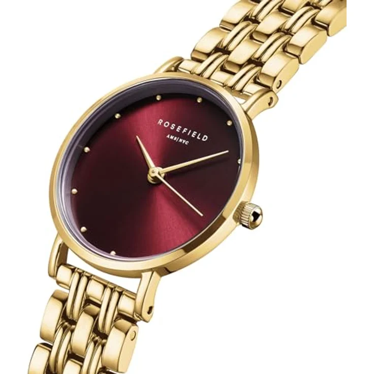 Rosefield Montre Femme Small Edit, Armbanduhr in Bordeaux mit 26 mm Gehäuse, wasserdicht bis 3 ATM, Edelstahlarmband 23K vergoldet – Bild 2