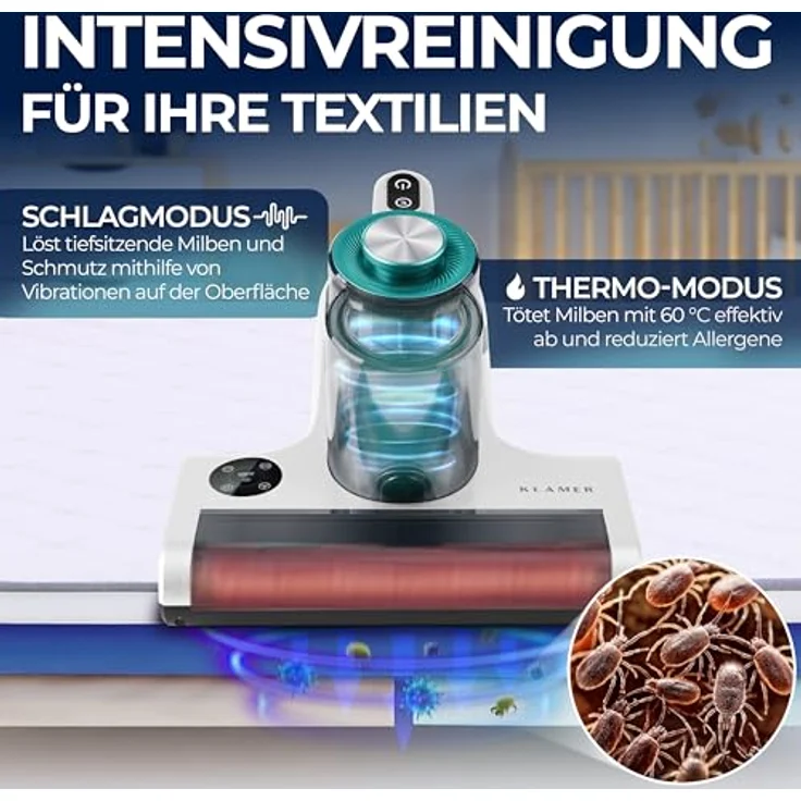 KLAMER Milbenstaubsauger UV-Licht, 18kPa & 450W, beutellos mit Milben-Sensor, Ultraschall, HEPA-Filter, entfernt 99,9% Milben und Allergene – Bild 5