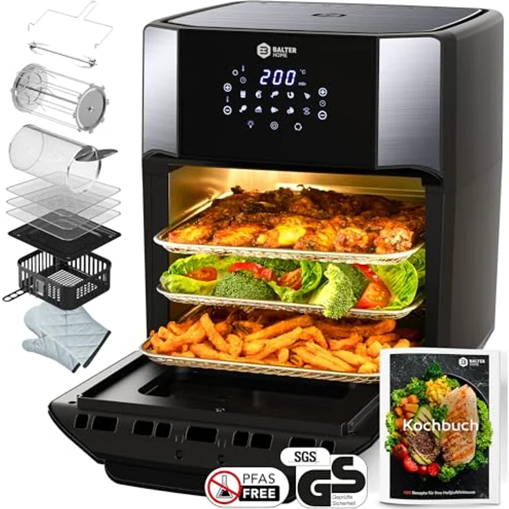Balter Heißluftfritteuse HL-1200-BL, 12 Liter, Friteuse, LED Touchscreen, Dörrautomat, 1800W Heissluftfritteuse airfryer, 100 Rezepte auf Deutsch, Minibackofen,  in Schwarz – Bild 1