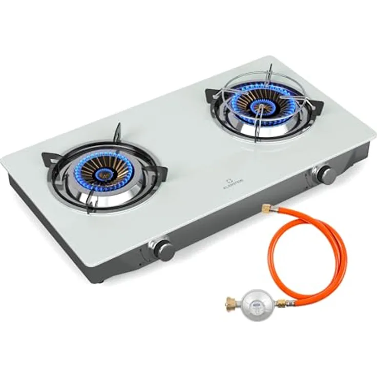 Klarstein Barzona Gaskochfeld, 2-Brenner Edelstahl & Glas, 7,7kW, Tragbarer Campingkocher mit Piezo-Zündung & Flammenausfallsicherung, Komplettset mit Schlauch & Regler