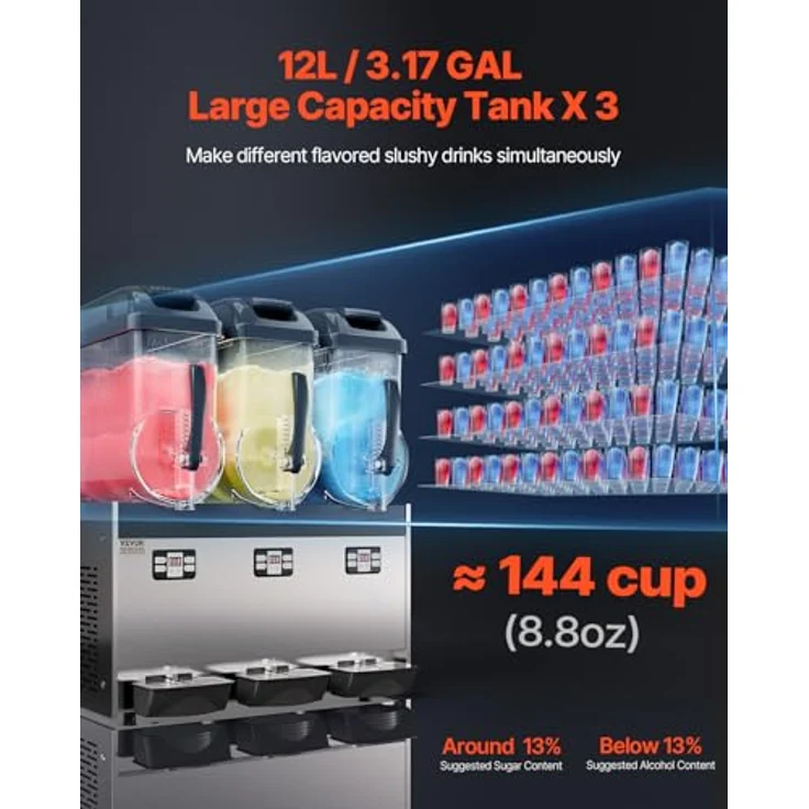VEVOR Slusheis Maschine XRJ12LX3, 12 L x 3 Dreifachtank Edelstahl, für gefrorene Getränke, effizient und bedienfreundlich – Bild 2