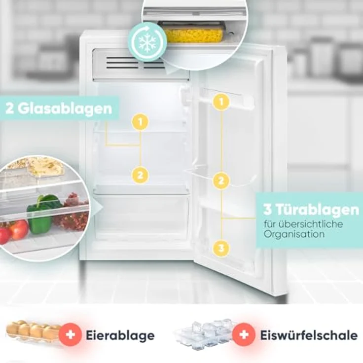 Bomann® KS 7257, kleiner Kühlschrank mit Gefrierfach, 83L, Temperaturbereich 0°C bis +8°C, 2 Glasablagen, 3 Türablagen, weiß – Bild 4