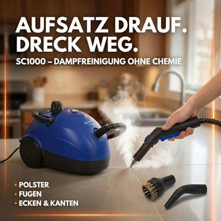 Sommertal XXL SC1000 Dampfreiniger Handgerät, 1100 ml Tank, 1500 W, 16-teiliges Zubehörset, leistungsstark, tragbar – Bild 2
