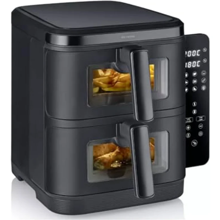 Severin S-Fry Duo Stack, Heißluftfritteuse mit zwei separat steuerbaren 5,5-Liter-Garkörben, einklappbarem LED-Touch-Display und 9 Automatikprogrammen – Bild 1