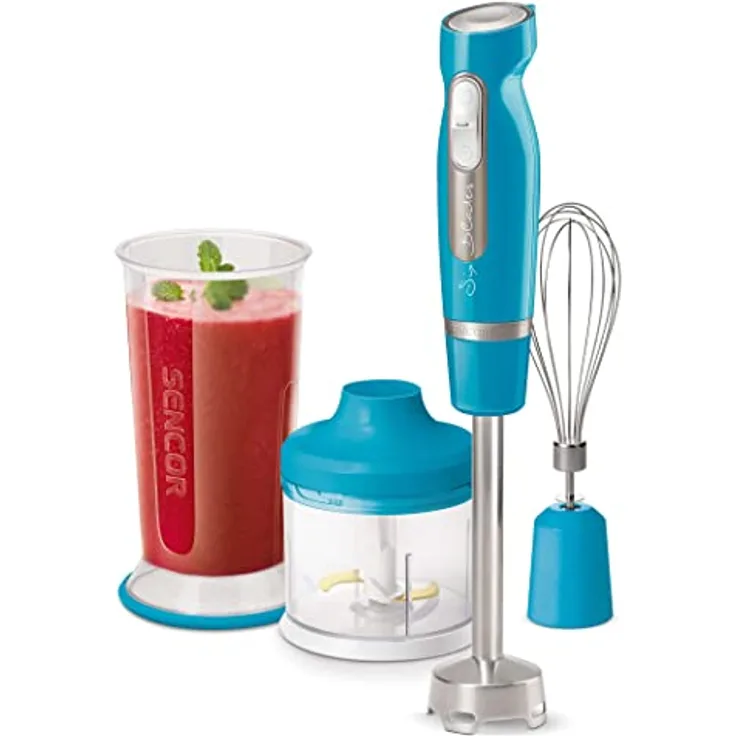 SENCOR Stabmixer mit 6 Titan-Klingen und aktivem Geschwindigkeitsregler, 1000 W, Ice Crash, Türkis, inkl. 700 ml Becher und 500 ml Zerkleinerer
