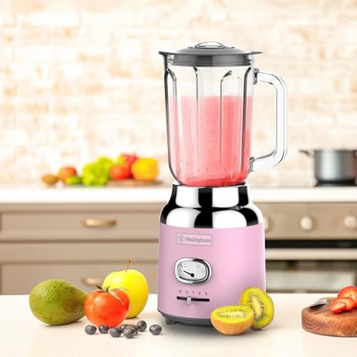 Westinghouse Retro Standmixer, 1.5 Liter Glasbehälter, 3 Geschwindigkeiten, Pulsfunktion, 6 flügliges Spezialmesser, Edelstahl, Rutschfeste Füße, BPA frei, 600 Watt, pink – Bild 5
