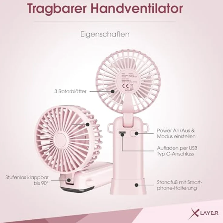 Xlayer Klappbarer Handventilator mit Smartphone Halterung, 1.200 mAh, 5 Geschwindigkeiten, Pink – Bild 2