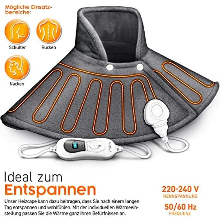 sinnlein Heizkissen elektrisch für Schulter, Nacken und Rücken | Heizcape mit 3 Temperaturstufen & Abschaltautomatik | Wärmekissen mit Abschaltautomatik und 100W – Bild 2