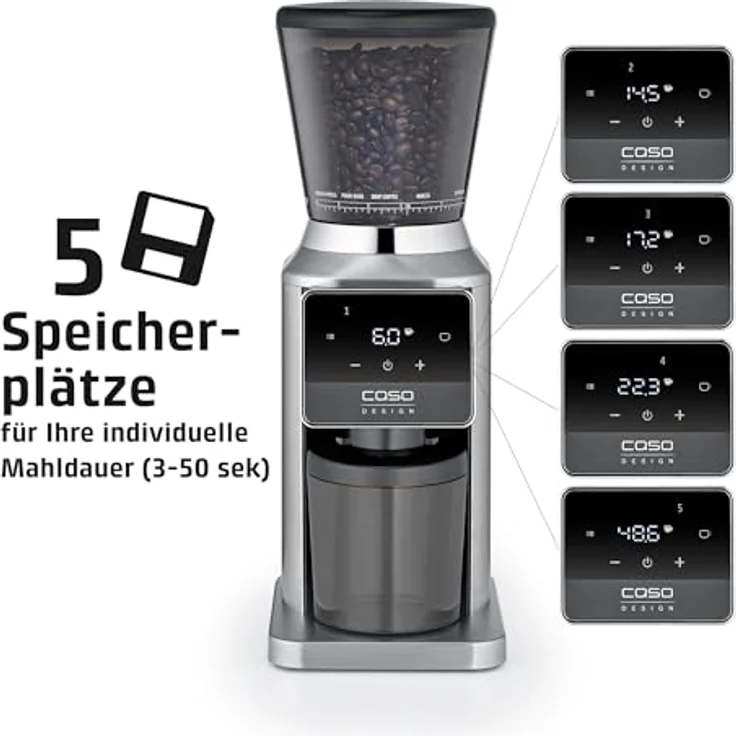 Caso BaristaChef Inox Pro, elektrische Kaffeemühle mit Zero Retention Technologie, Edelstahlgehäuse, 34 Mahlgradstufen und Siebträgerhalterungen 51 & 58 mm – Bild 3