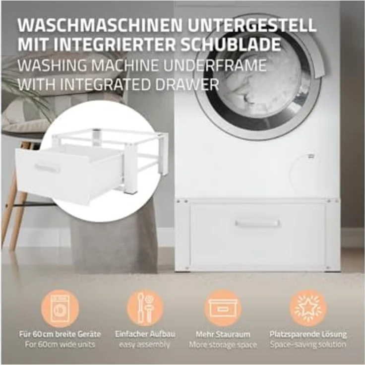 ML DESIGN modern living Waschmaschinen Untergestell mit Schublade 63x54cm Stahl Weiß bis 150kg, Robuster Sockel mit ergonomischer Höhe und praktischer Schublade – Bild 2